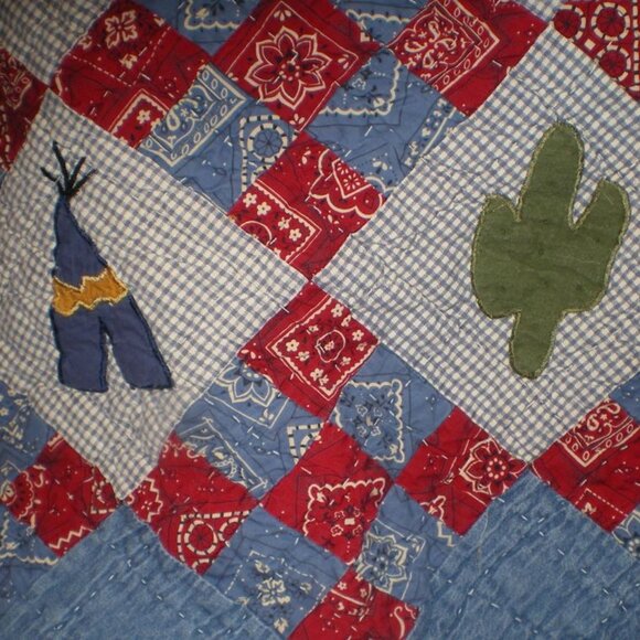 CUTE Western Themed Blue and Red  Quilt Throw Hanging - Picture 2 of 4